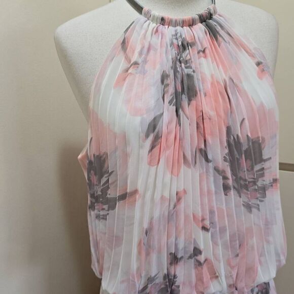 MSK Womans White, Pink and Grey Floral Print Halter,  Allover Pleated Maxi Dres, - Picture 5 of 11